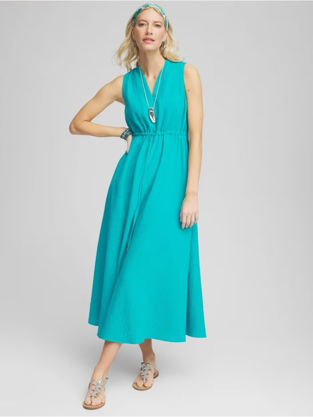 Chico's Sleeveless V-Neck Drawstring Cotton Gauze Maxi Dress Teal Blue Size 2/L